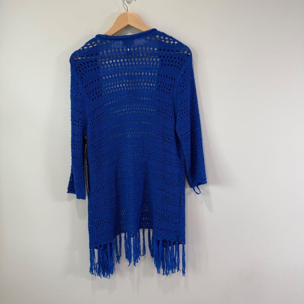 NWT Chico's Travelers Fringe Cardigan L 2 Kinetic Blue Open Knit Coastal Preppy - Picture 7 of 8